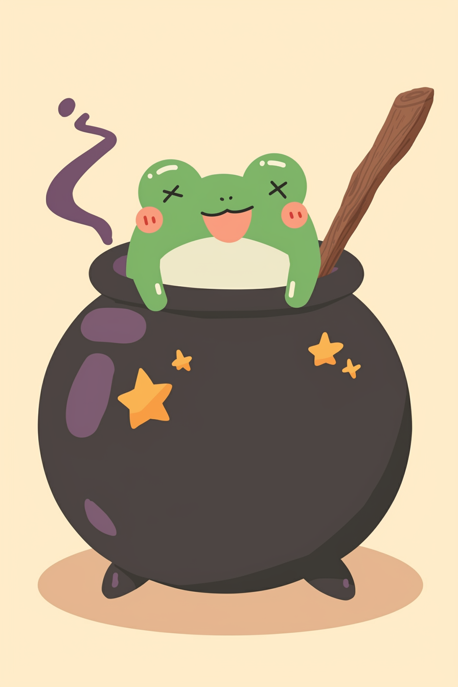 Halloween frog drawing ideas 2 featuring a cute frog peeking out of a cauldron with whimsical stars and steam around.